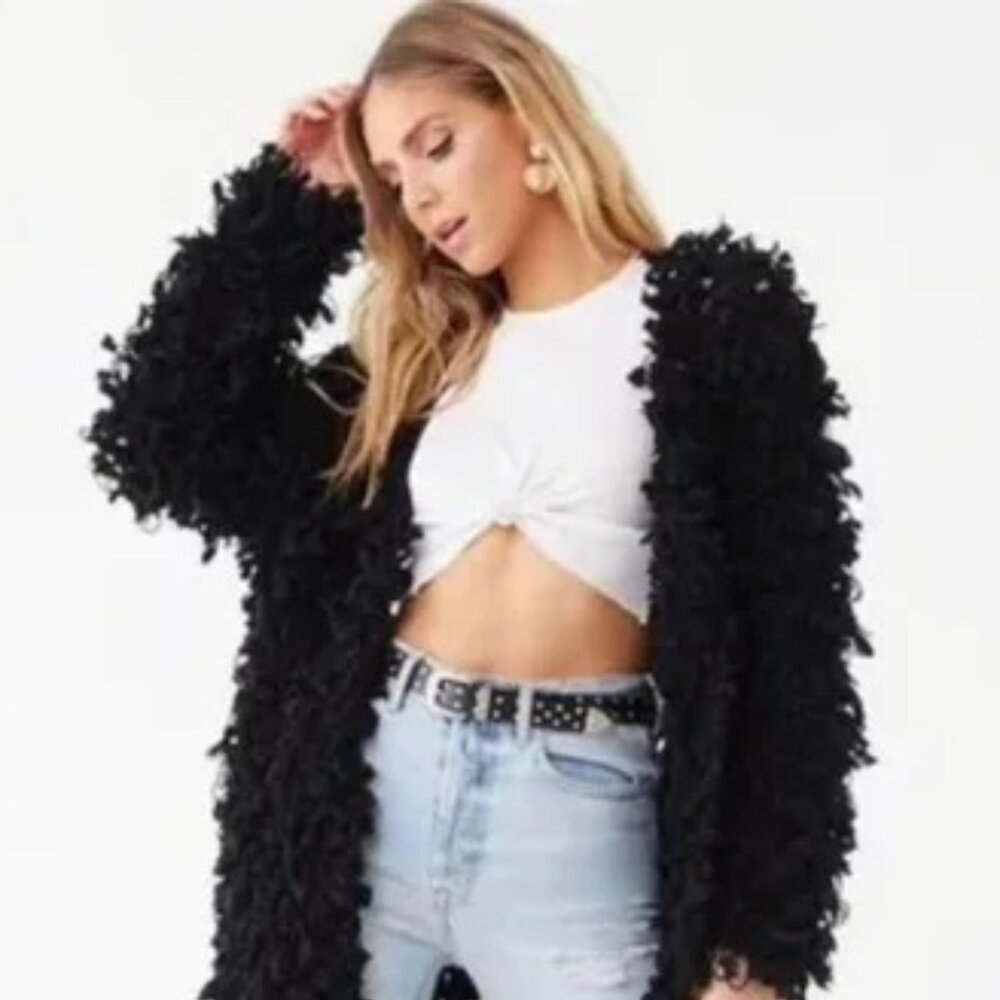 NWT Muche Et Muchette Black Fur Jacket Coat with Fringe One Size Winter Layering - Picture 9 of 10